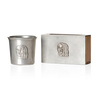 131. Firma Svenskt Tenn, a pewter matchbox case with beaker, models "38d" and "185a", with decor by Anna Petrus, Stockholm 1927-28.