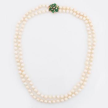 Cultured salt water pearl necklace, Claps 18K gold with enamel and old cut diamonds.