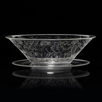 Edward Hald, an engraved glass bowl with plate, Orrefors, Sweden, 1926, model 305, engraved by Emil Goldmann.