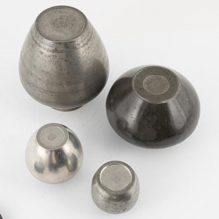 A set of four Japanese pewter tea caddies with covers and liners, circa 1900.
