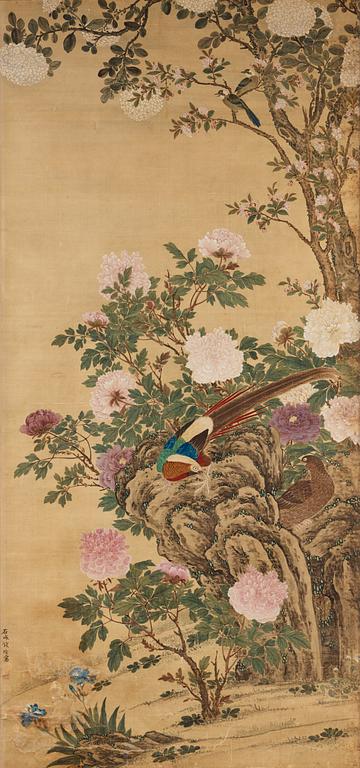 A painting of Golden Pheasants among tree-peonies, Qing dynasty, 19th century.