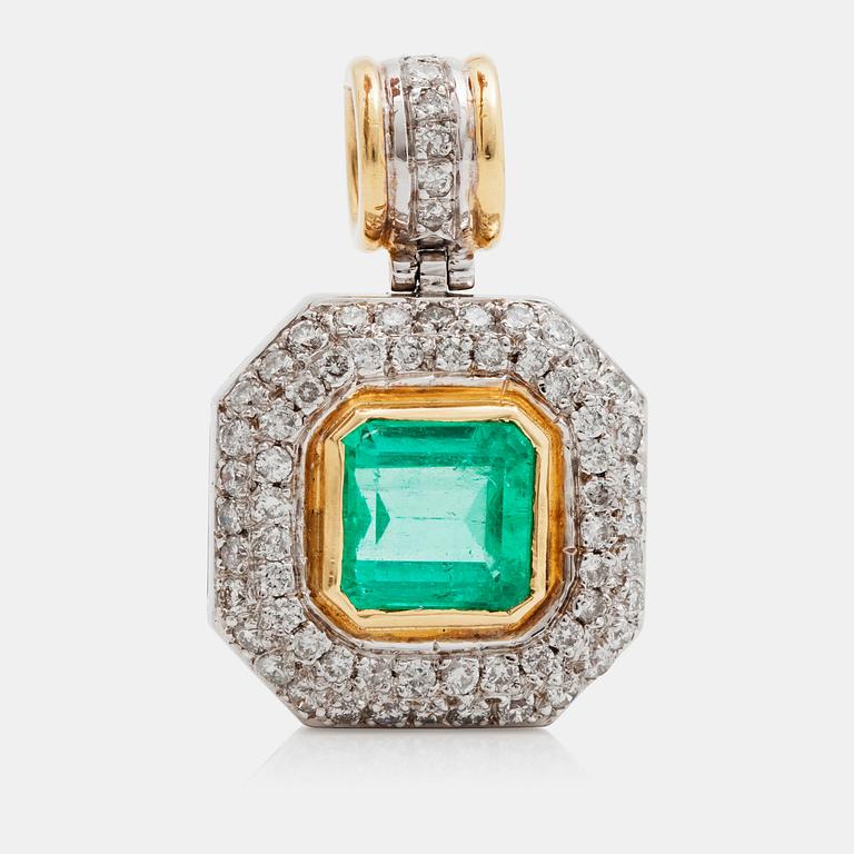 A pendant with a 5.50 ct emerald and cica 1.80 cts of brilliant cut diamonds.