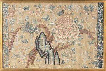 A pair of silk embroideries, China, Qing dynasty, 19th century.