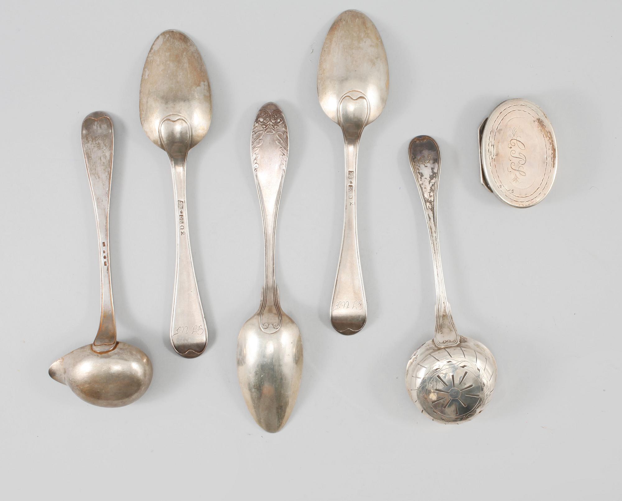 PARTI SILVER, 6 delar, Sverige, 1700/1800-tal, vikt 370 gram.