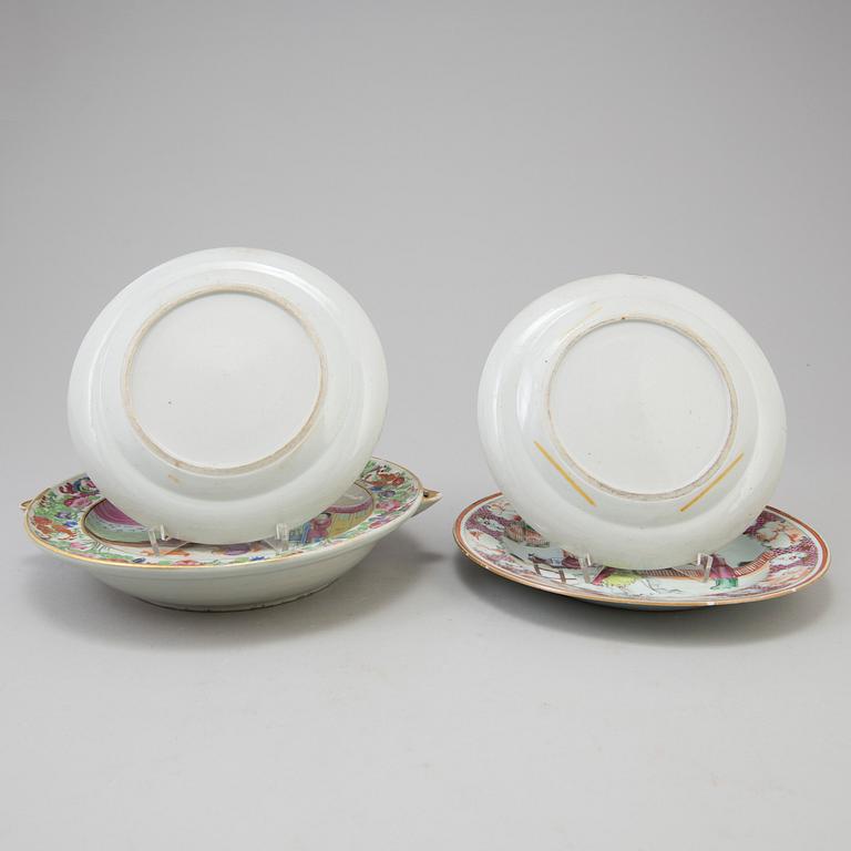 Three chinese famille rose dishes and one hot water dish, 18th and 19th century.