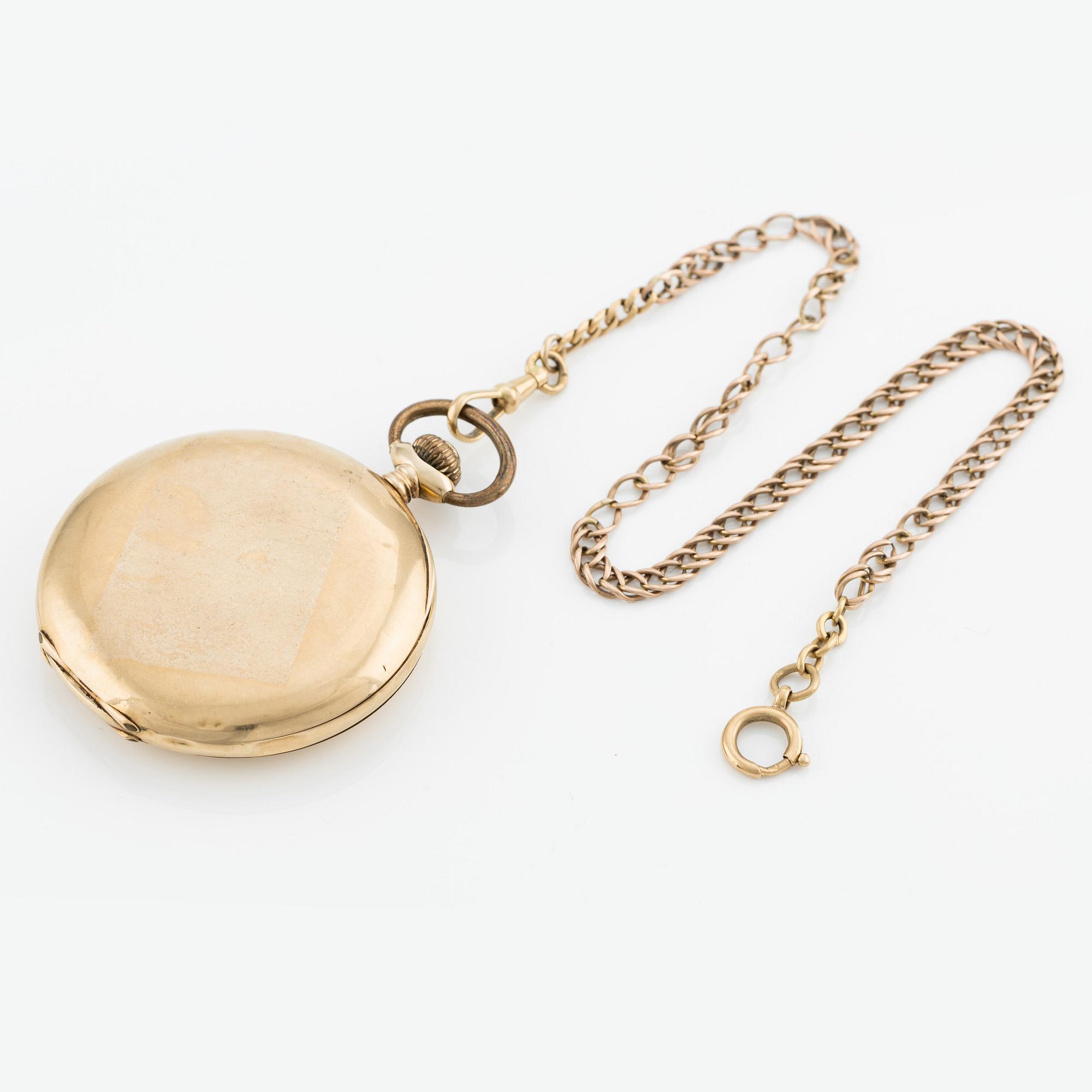 Fickur, 14K, "Engström Stockholm", Kedja i 14/18K guld, savonett, 51,5 mm.