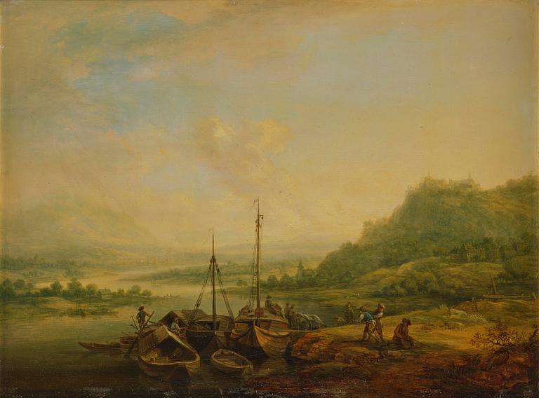 Christian Georg Schütz, Pastorala flodlandskap med figurer och båter, ett par.
