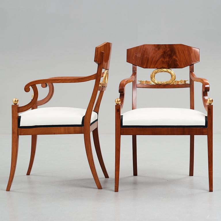 A pair of Swedish Empire armchairs, 1820-40's.