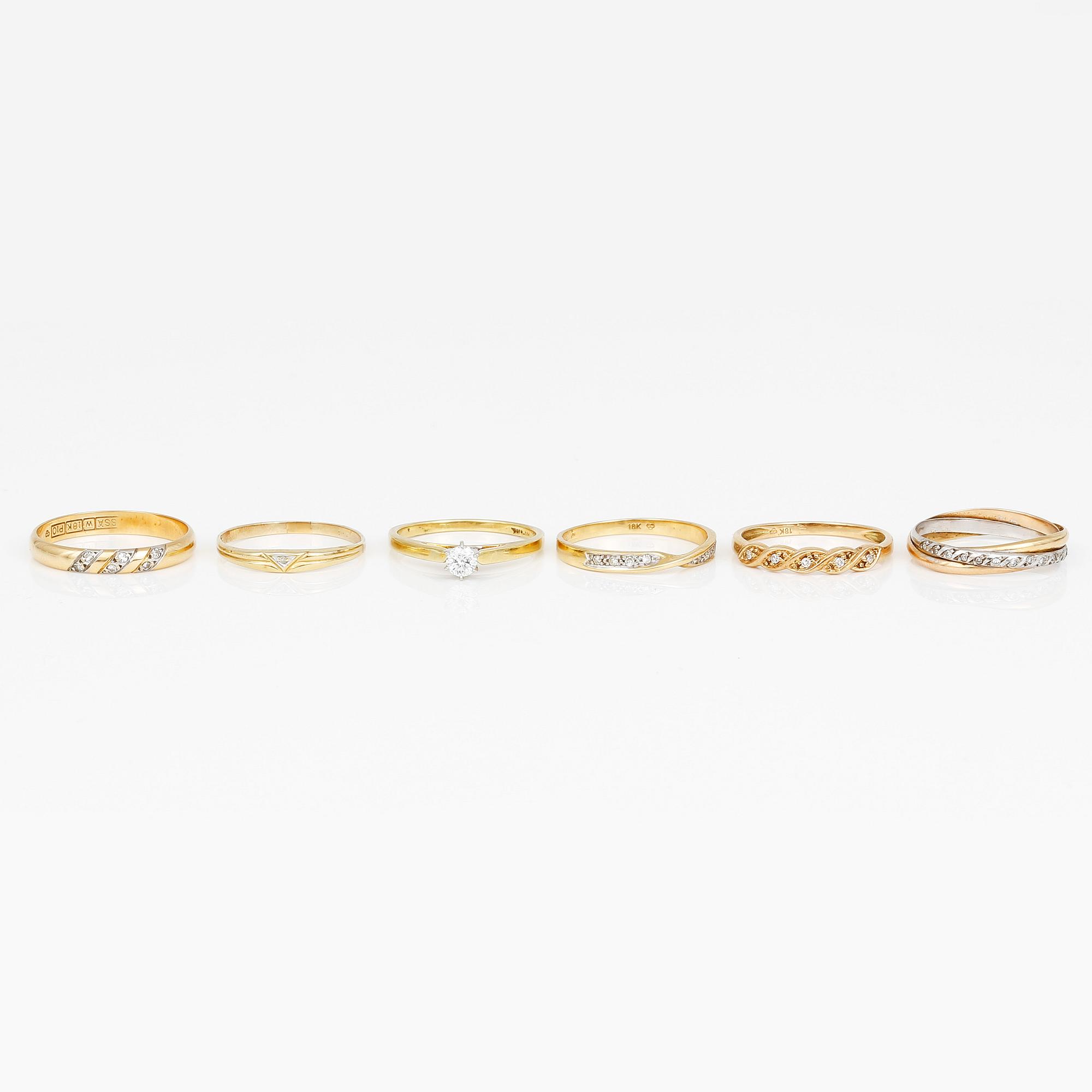 RINGAR, 6 st, mestadels 18K guld med olikslipade diamanter, tot ca 0,45 ct. Total vikt ca 11,68 g.