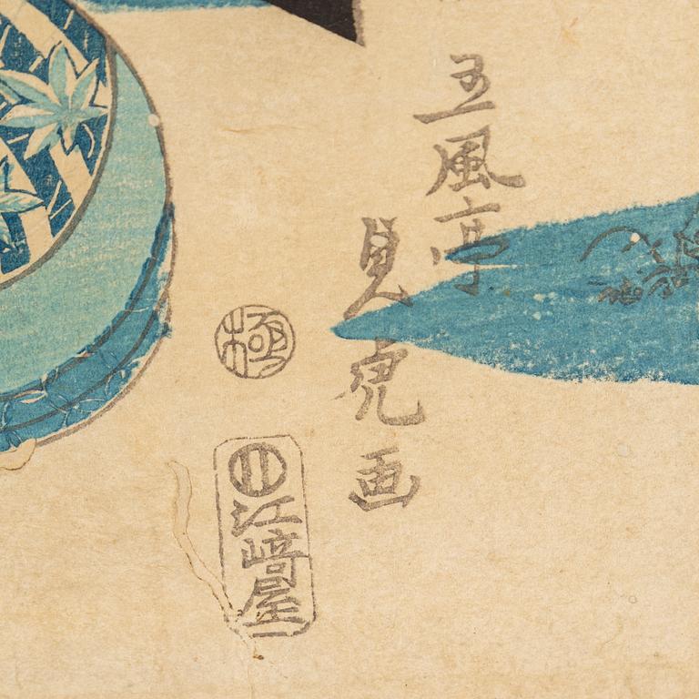 KITAGAWA UTAMARO, samt KATSUKAWA SHUNSHO, efter. Färgträsnitt, två stycken. Japan, sent 1800-tal/tidigt 1900-tal.