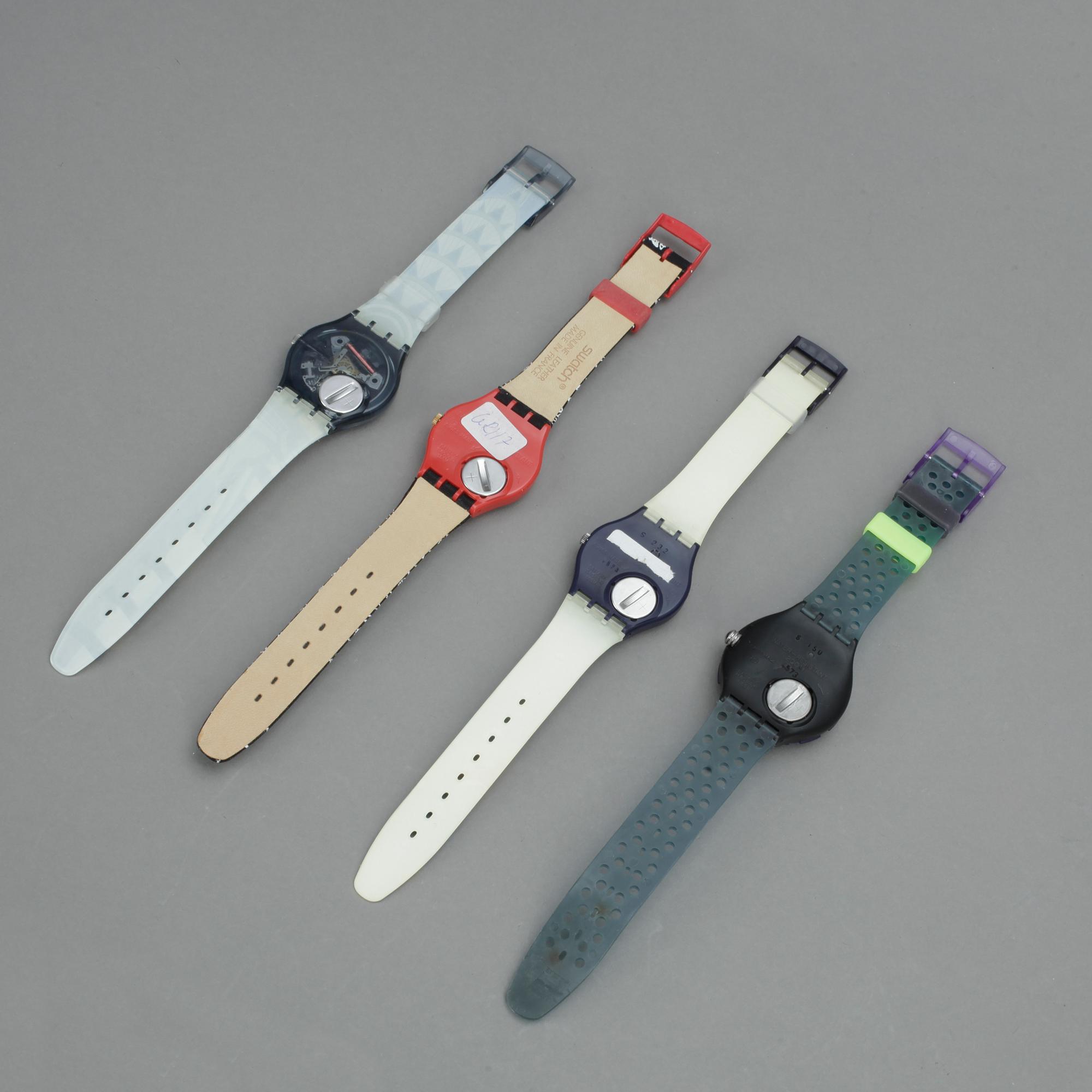 SWATCHKLOCKOR, 4st, "Scuba 200. Captain Nemo", "Decoscraper",  "Back stage", "Rap", plast, ca1992-1994.