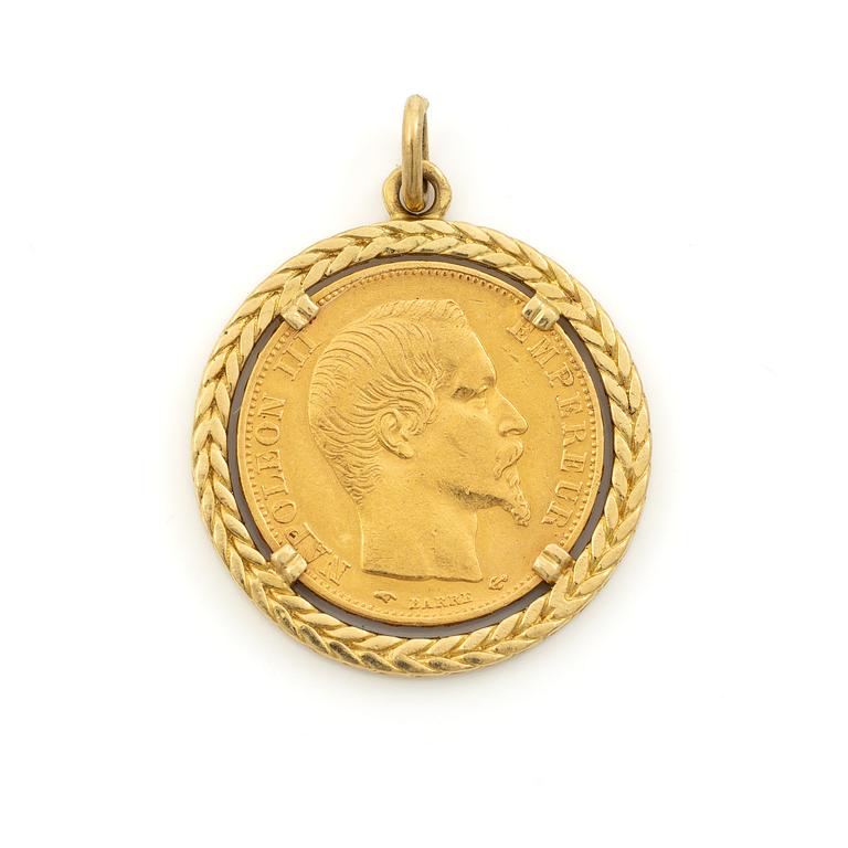 Gold coin, France, Napoleon III, 20 Francs, 1858, set in an 18-carat gold surround.