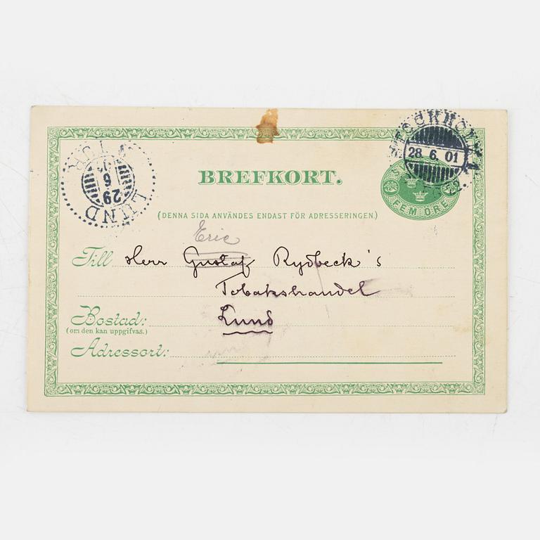 Handskrivet brevkort av Strindberg om tobak, 1901.