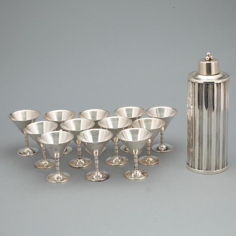 SHAKER samt GLAS, 13 delar, nysilver, Tesi, 1900-talets andra kvartal.