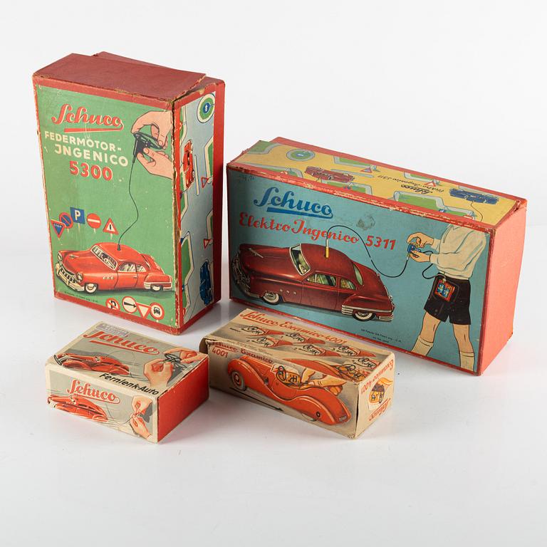 Schuco, 4 parts, "Examico 4001", "Electro Ingenico 531 "Fernlenk-Auto" & Redermotor-Ingenico", Germany mid-20th century.