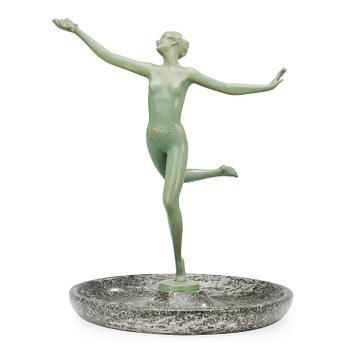 A Josef Lorenzl Art Deco green lacquered bronze figure of a nude, mounted to a marble dish, probably 1930's.