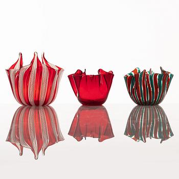 Three glass vases, including two 'Fazzoletto' by Venini, Italy.