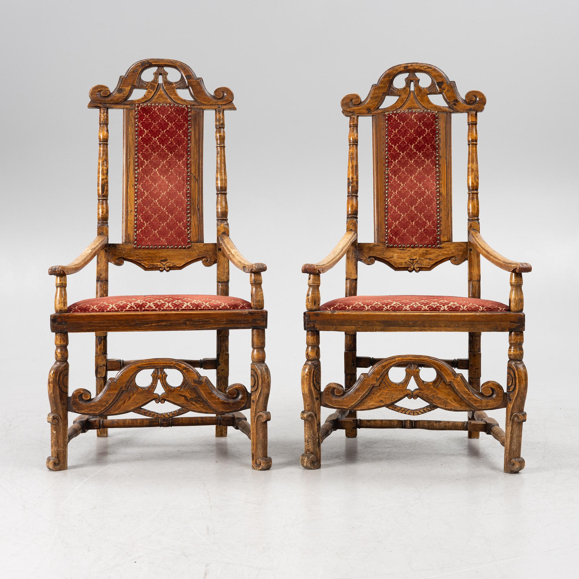Armchairs, a pair, Baroque style 18th/19th century possibly with some earlier parts.