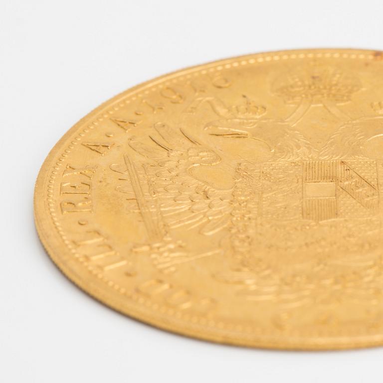 GULDMYNT, 23 karat guld, 4 dukat, Österrike-Ungern 1915. Total vikt ca 13,9 gram.