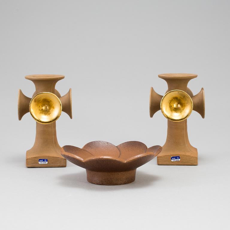 A set of three "Basun" + "Blomljus" stoneware candlesticks by Lisa Larson for Gustavsberg.