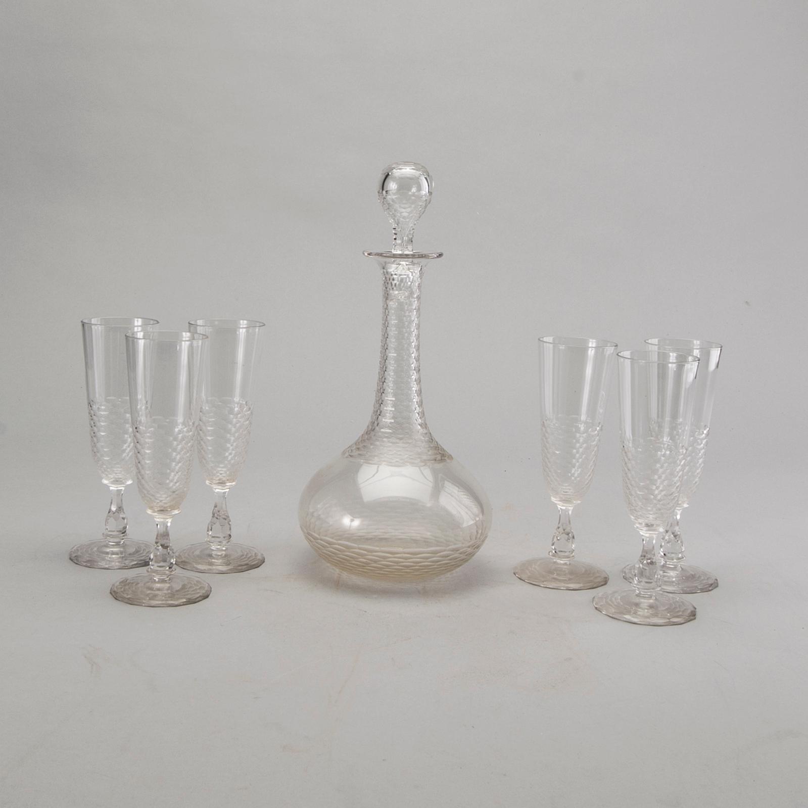 10+7 Champagne glasses, decanter, cut decor. First half of 20th century.