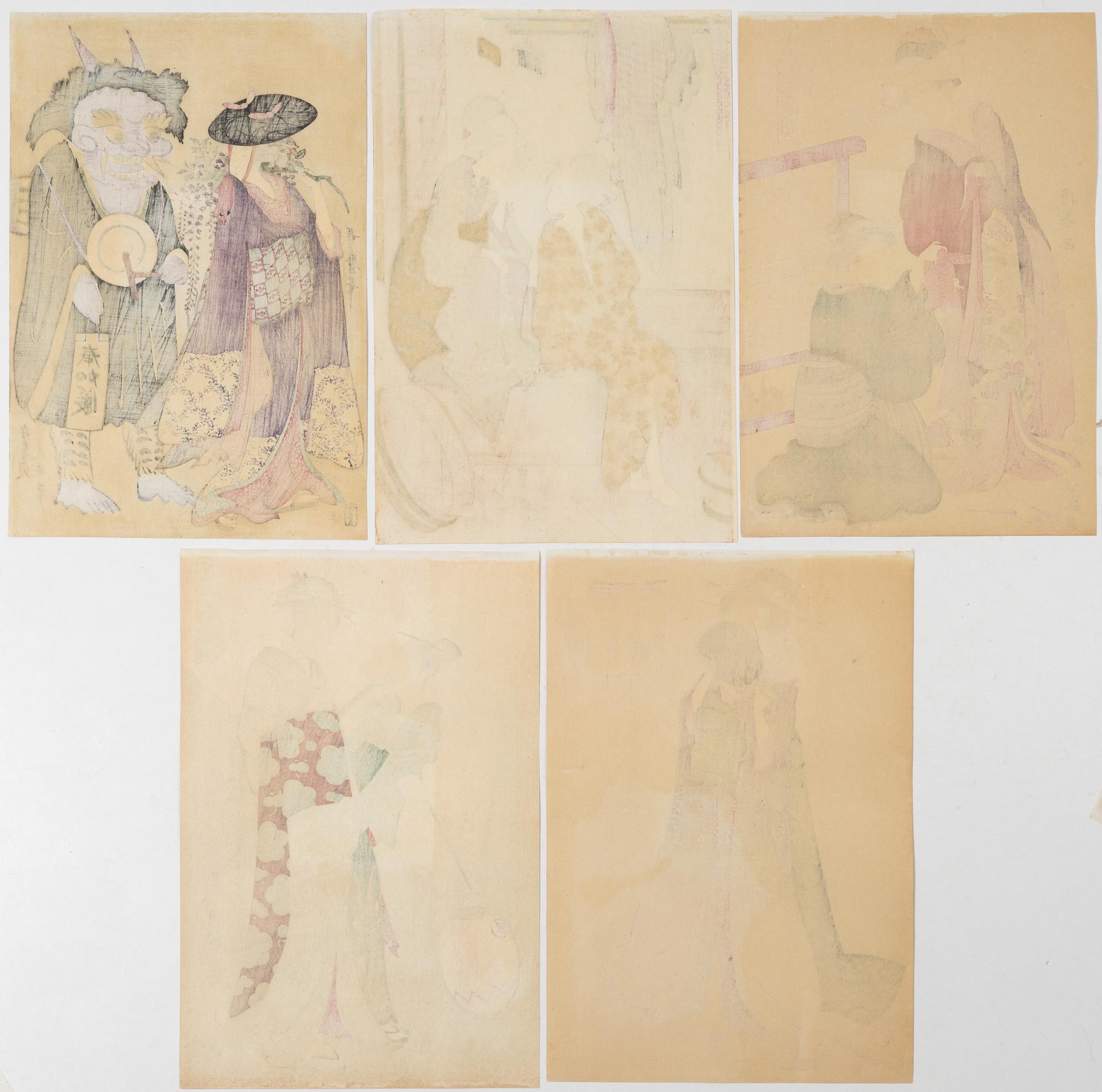 Five woodblock prints from a publication by "Tokyo Bijutsu Kankokai" (Tokyo Art Publishing Association" early 1900s.