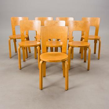 ALVAR AALTO, TUOLEJA, 8 KPL. NRO 66,
design 1933. Valmistaja Oy Huonekalu- ja Rakennustyötehdas Ab, Turku 1950 -luku.