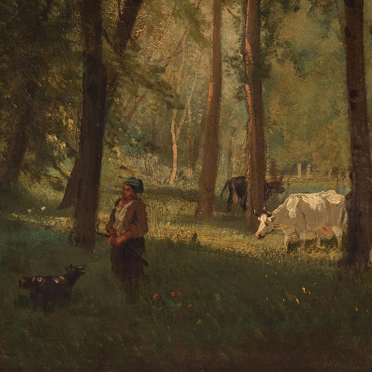 Charles Francois Daubigny Attributed to, Summer landscape with cows.