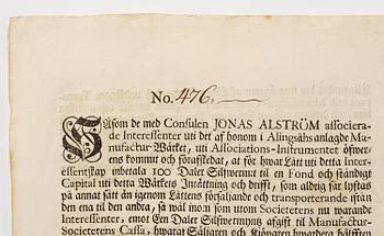 A Swedish share certificate, Ahlingsåhs Manufaktur Werk, No 476, 1728.