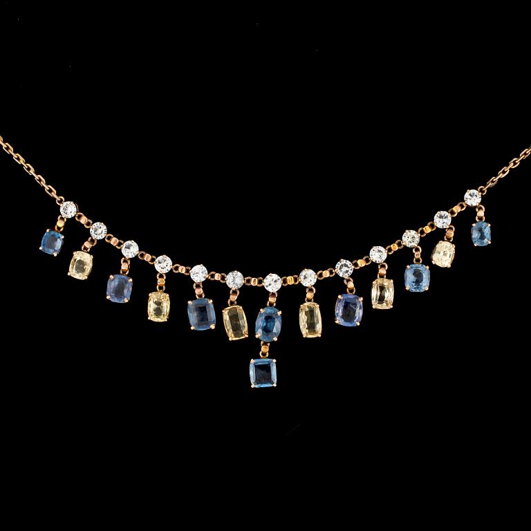A blue and yellow sapphire necklace.