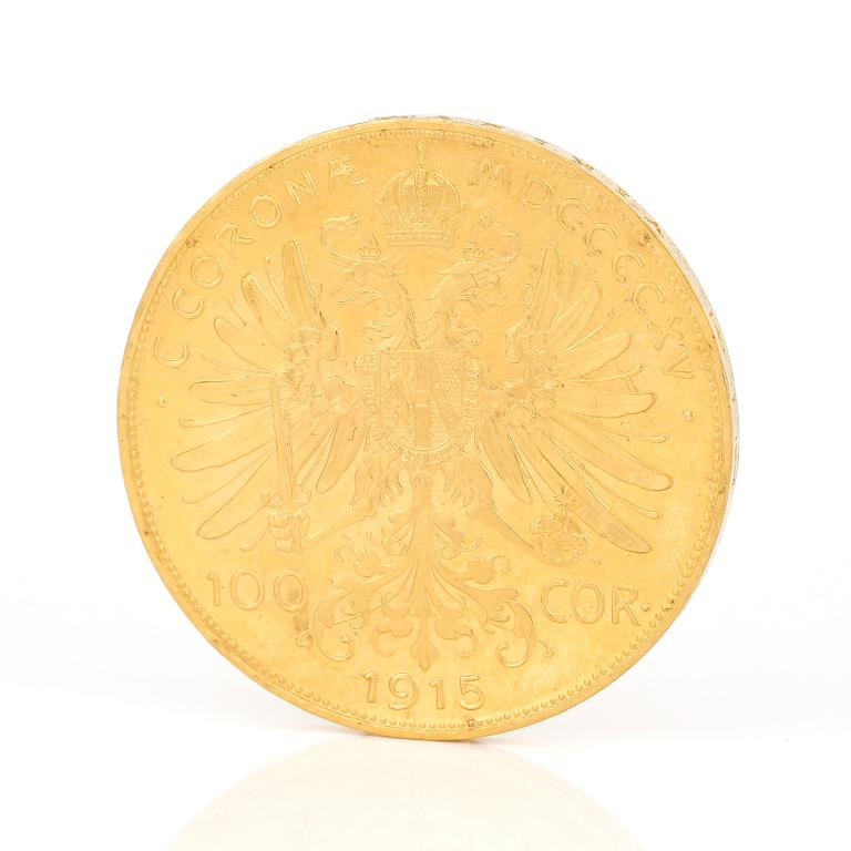 GULDMYNT, 100 Corona, Kejsarriket Österrike-Ungern, 1915. Vikt ca 33 gram.