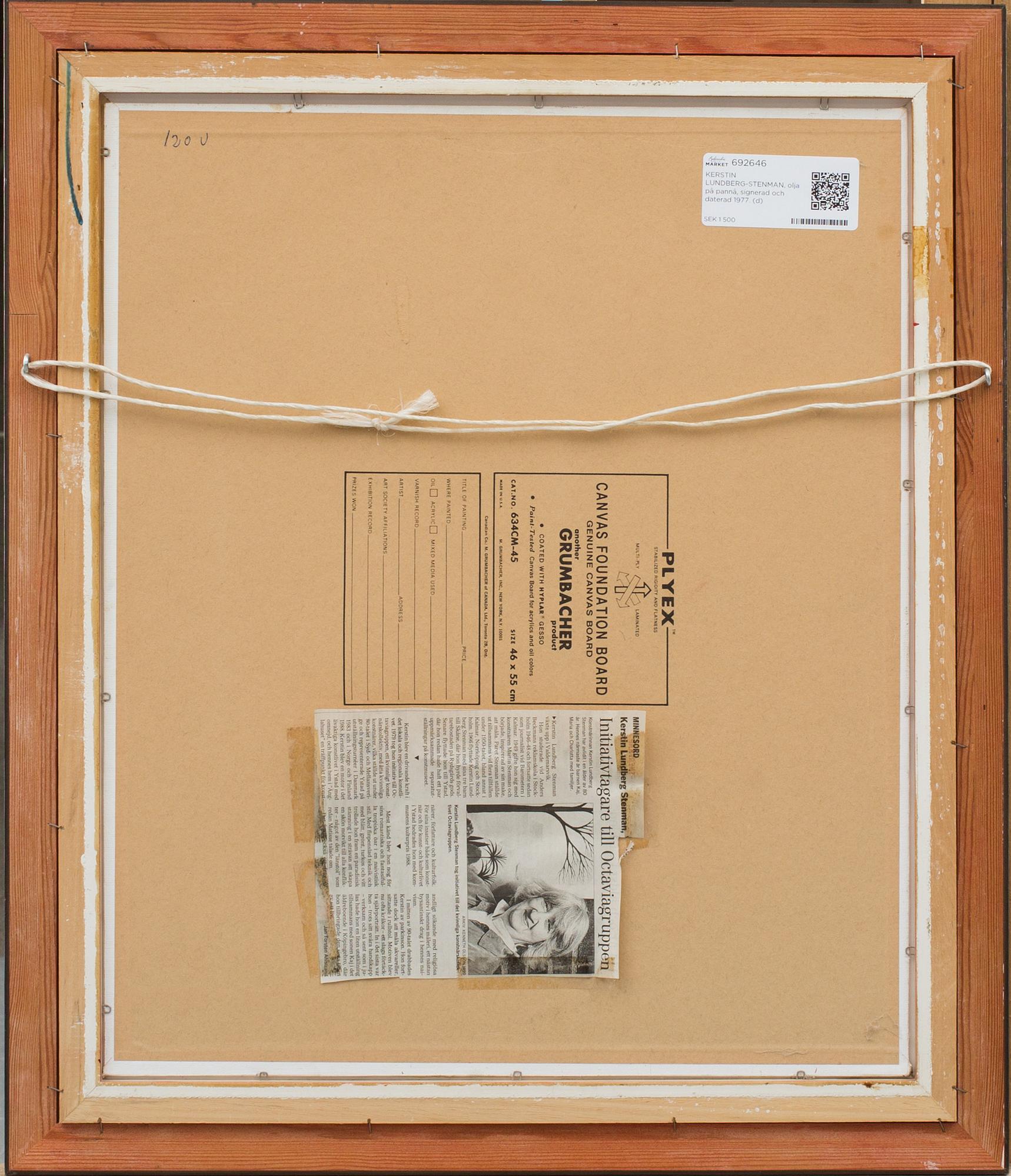 KERSTIN LUNDBERG-STENMAN, olja på pannå, signerad och daterad 1977.