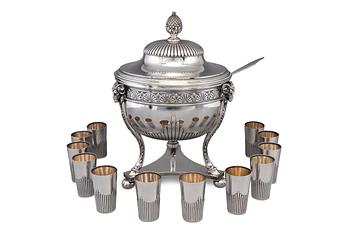 137. RUSSIAN SILVER-GILT PUNCH BOWL, LADLE AND 12 BEAKERS.