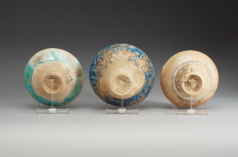 BOWLS, 3 pieces. Diameter 17, 15,5 and 15,5 cm. Iran 12th century.