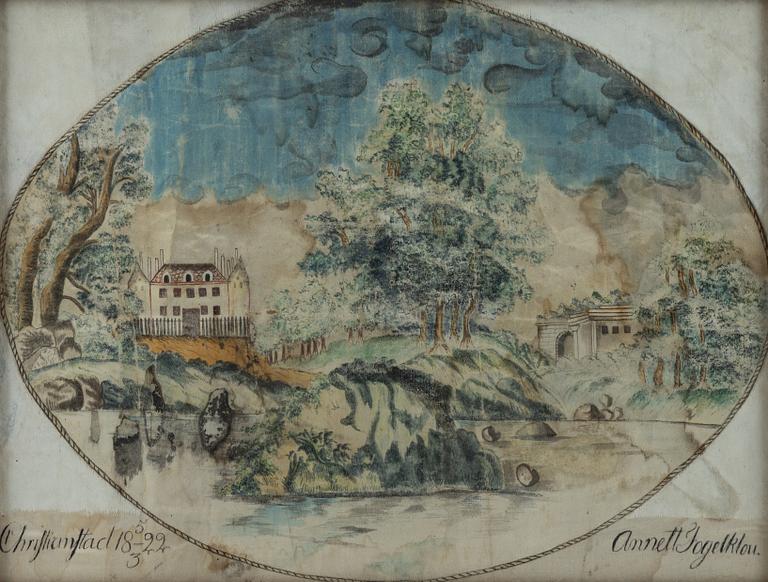 A painting on silk,  signed Annett Fogelklou and dated Christianstad 5/3 1822.