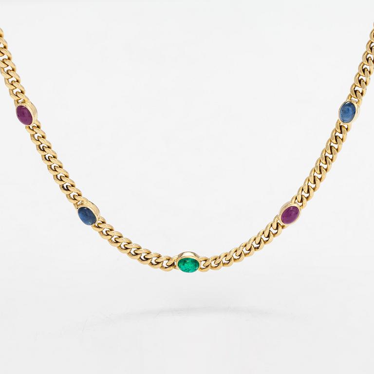 An 18K gold curb chain necklace, with cabochon-cut rubies, sapphires and emerald.