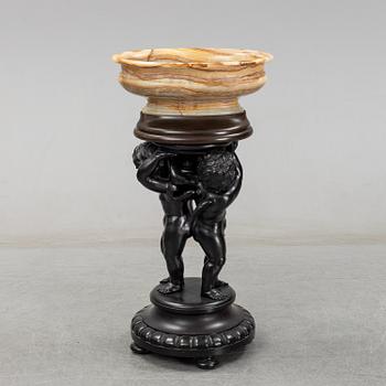 A wooden pedestal with onyx bowl, 20th Century.