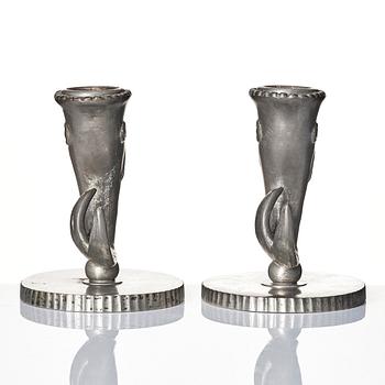 Carl Milles, a rare pair of pewter candlesticks and an inkstand, Herman Bergman konstgjuteri, Stockholm 1927-29.