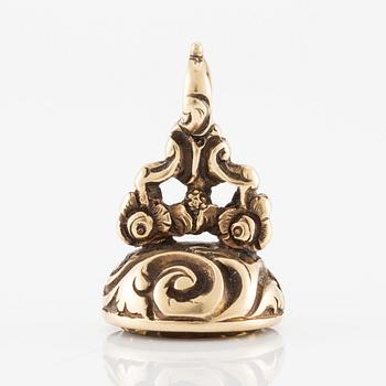 Sigill 14K guld och graverad gulaktig sten, möjligen citrin.