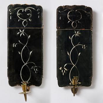 A pair of Swedish engraved-glass one-branch girandole mirrors, later part 18th century.