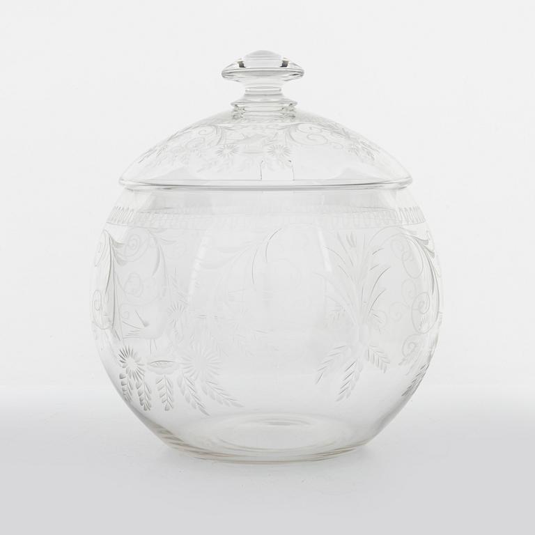 A punch bowl and mugs, glass, mid 20th century.