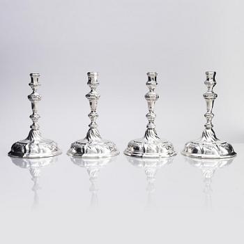 Four silver candlesticks, marks of Christian Drentwett II, Augsburg (1765-1767), two (1781-1783) and possibly (1743-45).