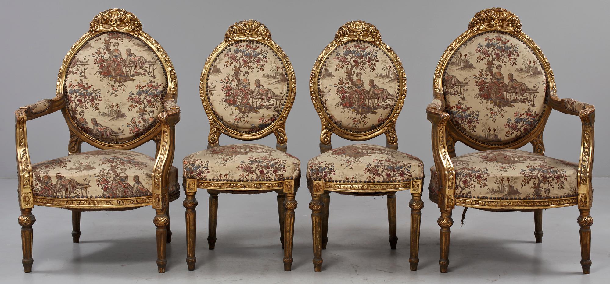 FÅTÖLJER, ett par samt STOLAR, ett par, Louis XVI-stil, 1900-tal.
