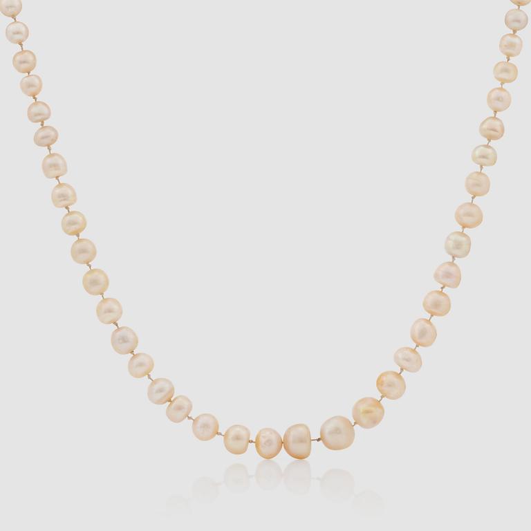 A baroque, possibly natural, pearl necklace.