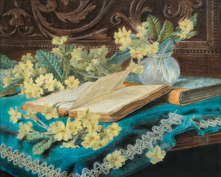 Marga Toppelius-Kiseleff, STILL LIFE WITH A BOOK AND FLOWERS.