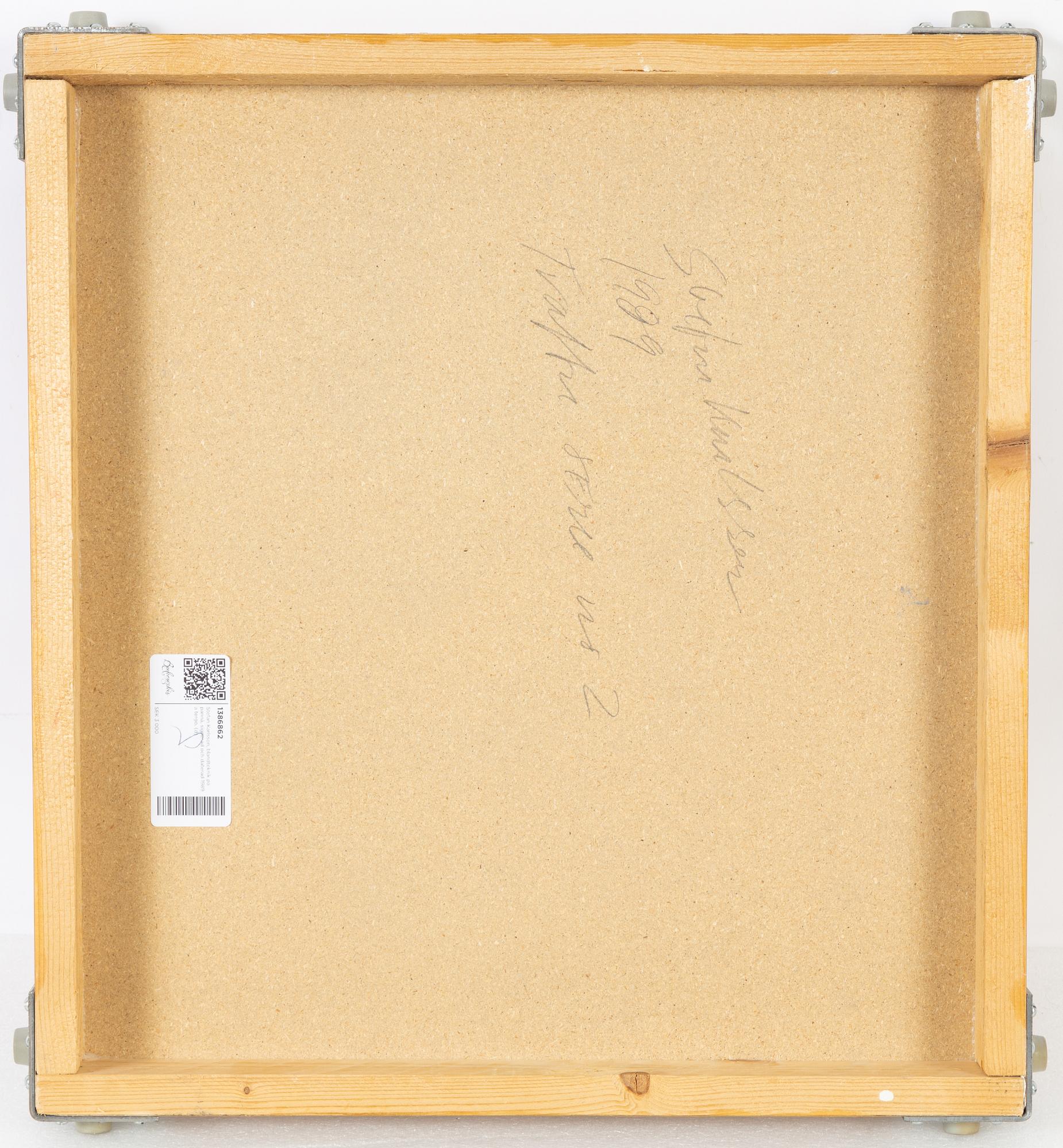 Stefan Karlsson, blandteknik på pannå, signerad och daterad 1989 a tergo.