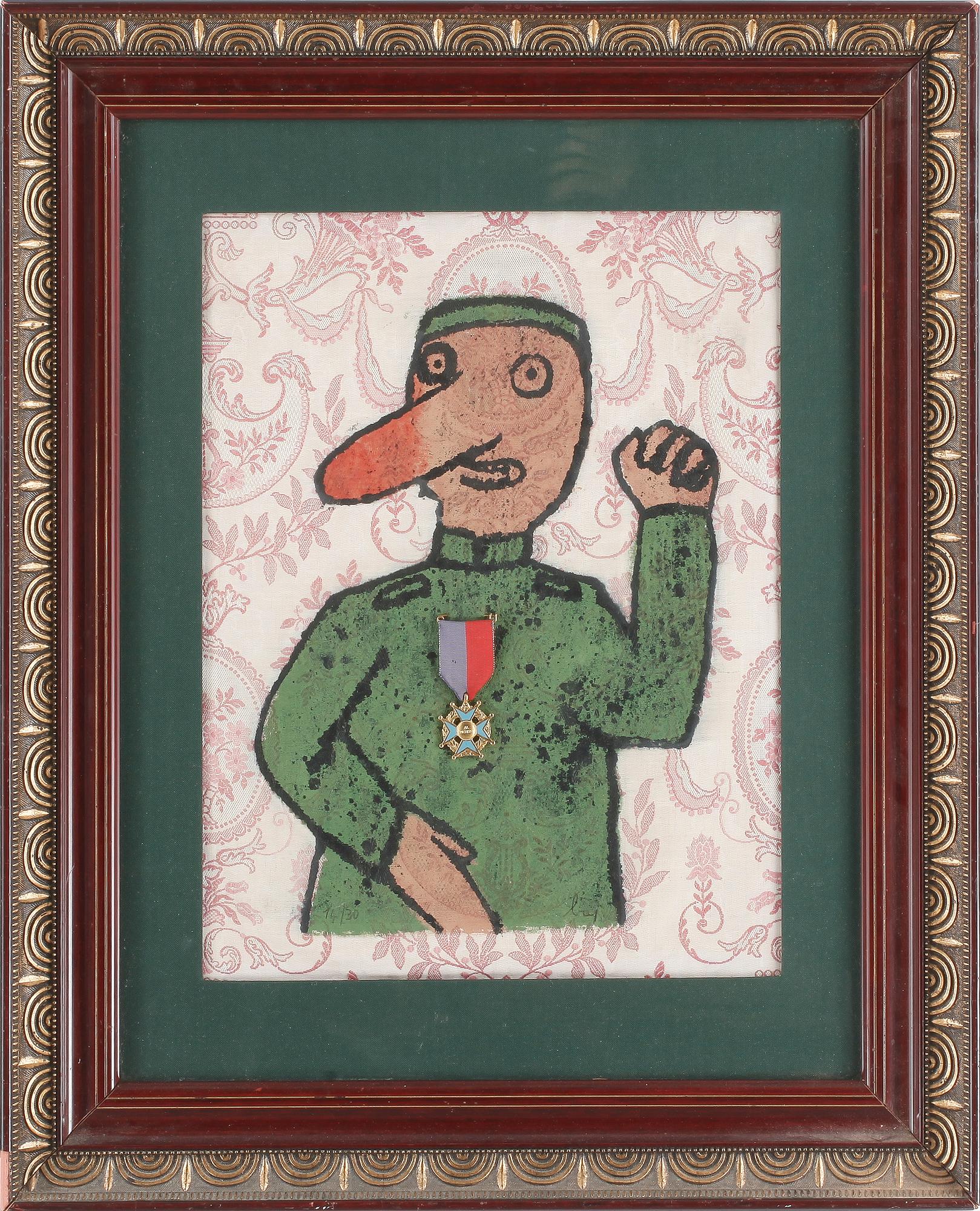 ENRICO BAJ. Färgetsning och medalj. Sign Baj o numr 14/30 cm.