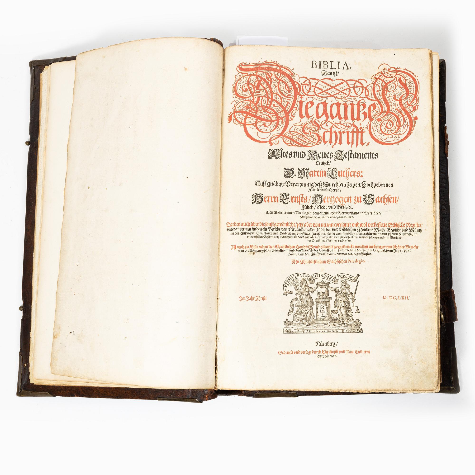 Biblia, Nürnberg 1662, med vackert bemålade gravyrer.