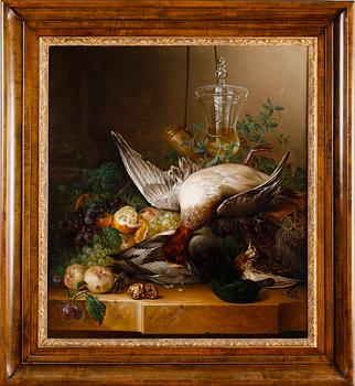 884. Jan Hendrik Hein, Still life with ducks, fruits and a glass trophy.