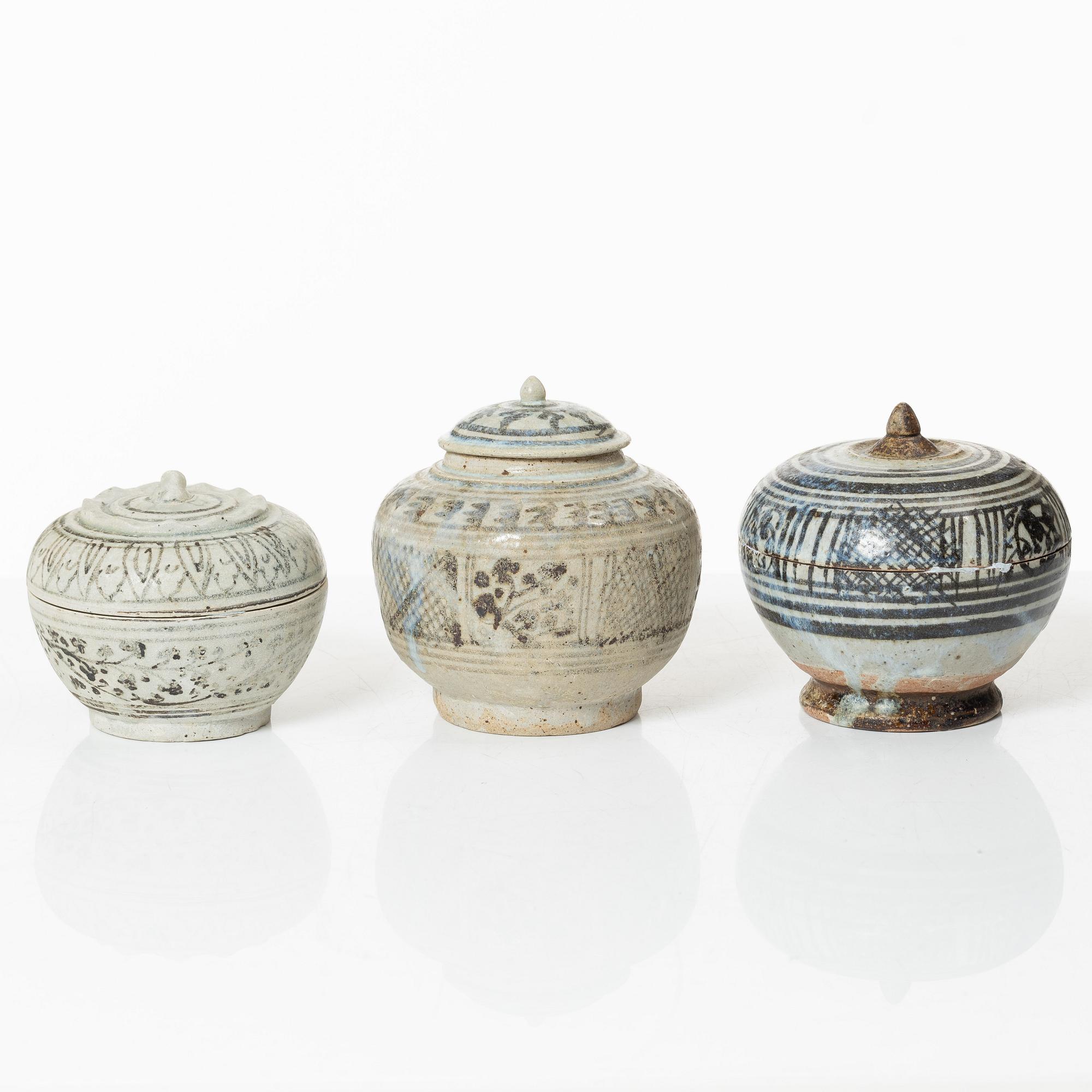 Six ceramic jars with covers, South East Asian, 17th and 19th century.